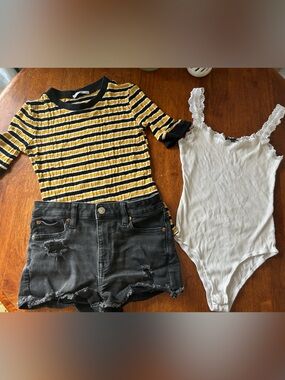 3 Piece Summer Outfit BUNDLE ( AE shorts, Zara Tee & Lace Bodysuit (Size S/2)